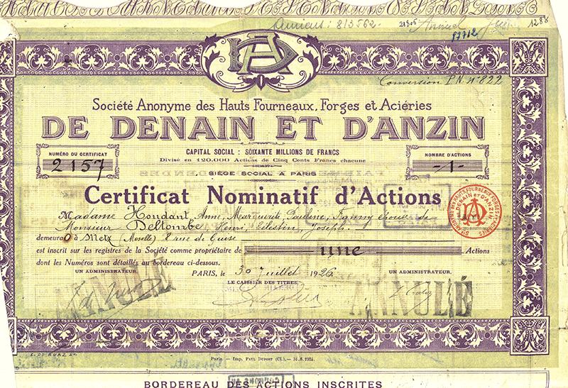 Bond from Société anonyme des hauts-fourneaux, forges et aciéries de Denain et d'Anzin, 1926. BNP Paribas historical archives, cote 4IMP6-1533.