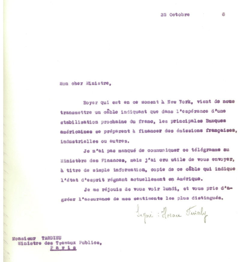 Letter from Horace Finaly to the minister André Tardieu, 1926. BNP Paribas Historical archives, cote 17Cabet3