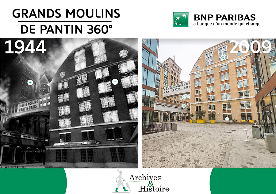 composition with two photos: the left photo shows the Fire of the Great Mills of Pantin, 19 August 1944. Unsigned cover. Special collection, reproduction Région Île-de-France. The right-hand photo shows the Grands Moulins after the works and was taken by Keydrone for the Archives and History Department of BNP Paribas in 2022.