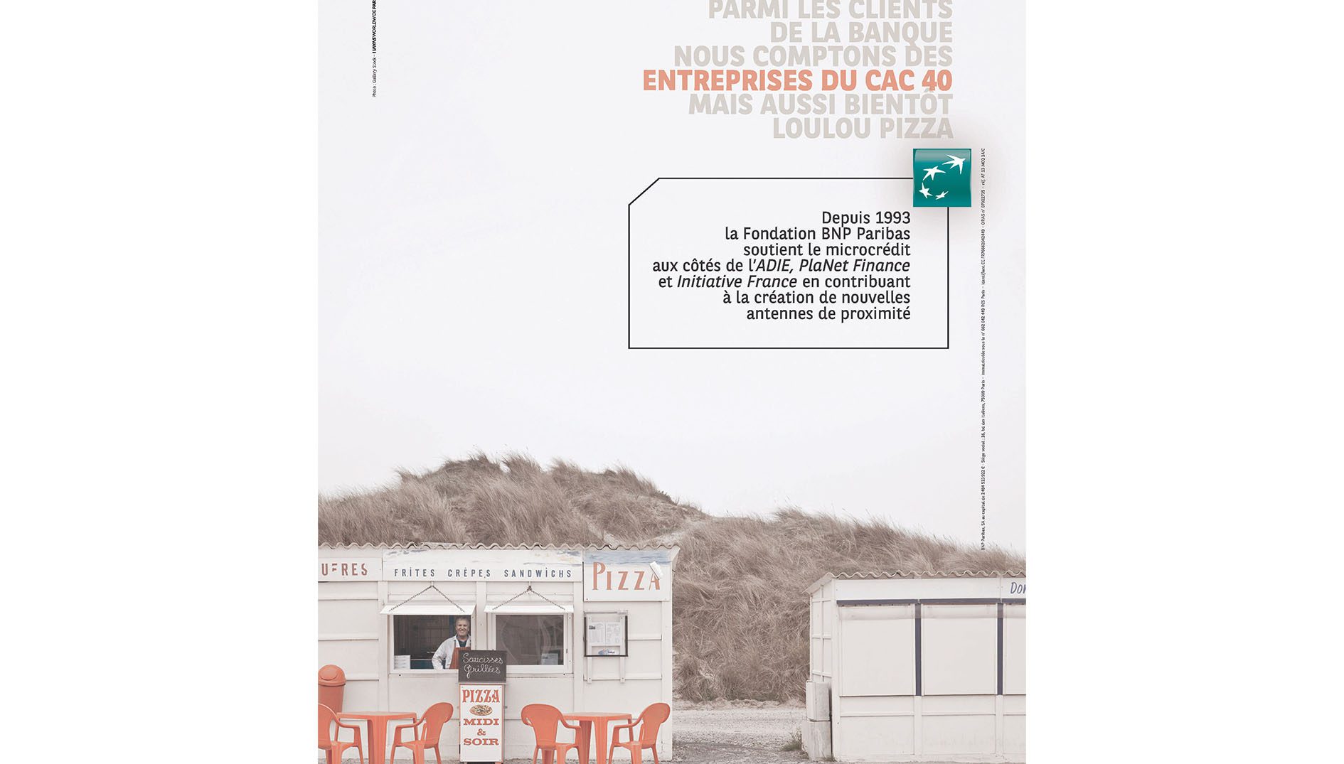 Campagne publicitaire de la Fondation BNP Paribas mettant le soutien de l'Adie aux micro-entrepreneurs. Cote FRAHBNPP_2AF381, Archives historiques BNP Paribas.