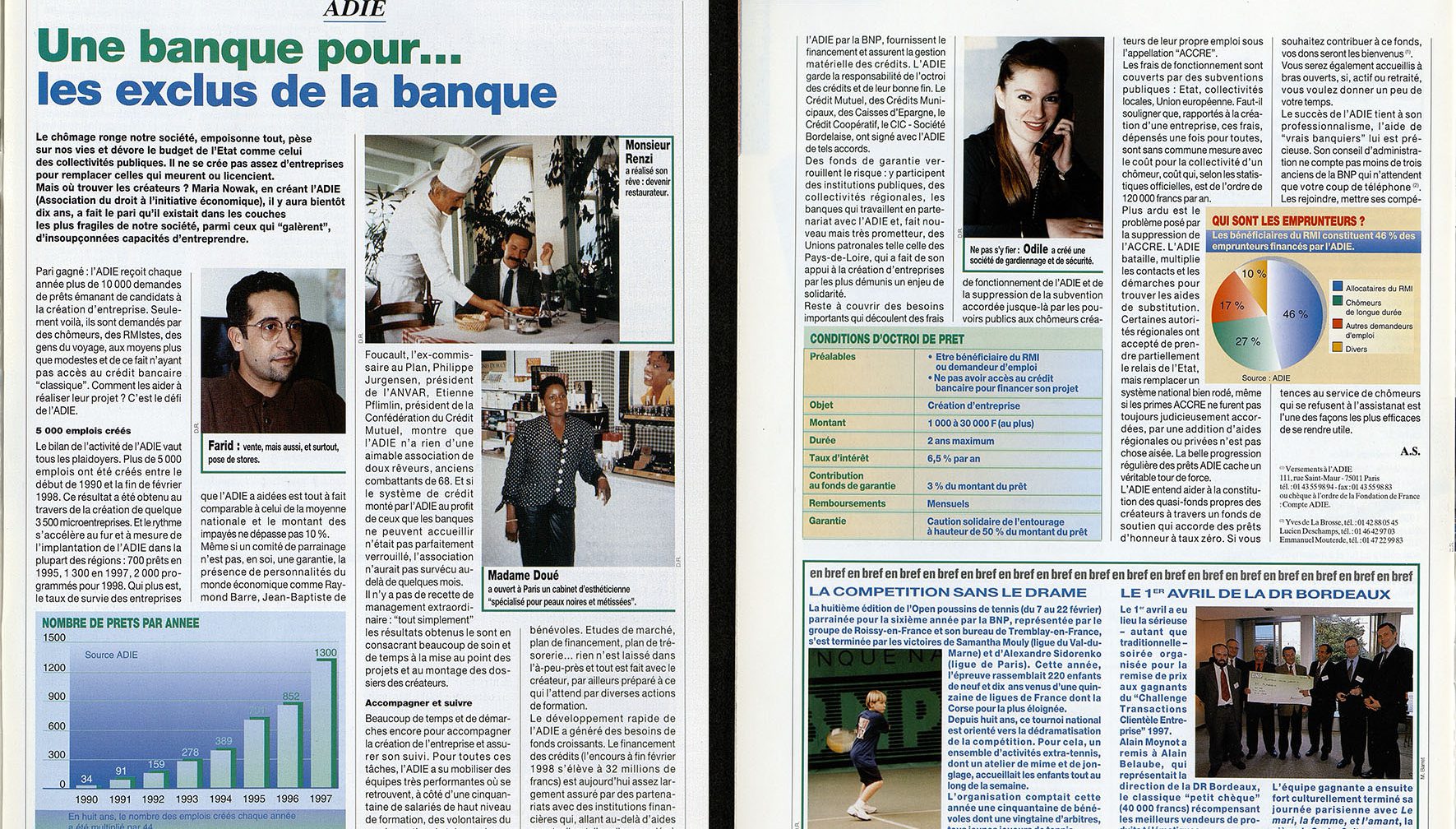 En 1998, la BNP dédie un article de son magazine interne interne "Dialogue" à l'Adie. L'occasion de présenter sa vocation, ses missions ainsi que ses résultats. Cote FRAHBNPP_PER2_1998_15 et 16. Archives historiques BNP Paribas.