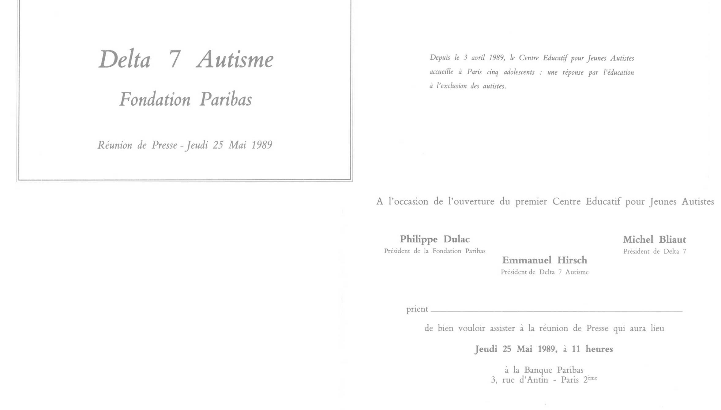 Partnership between Delta 7 Autisme and the Paribas Foundation. Press meeting on the occasion of the opening of the first Educational Centre for Young People with Autism in May 1989. Archives and History BNP Paribas.