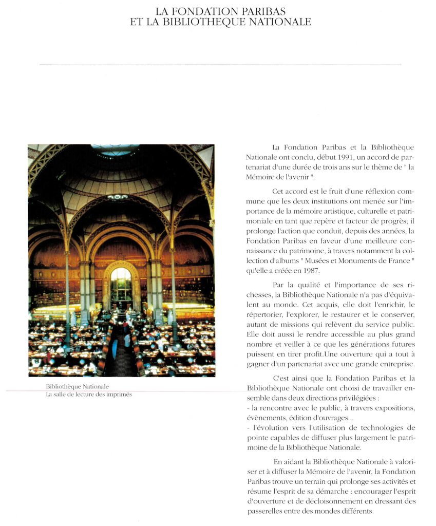 Partnership between the Bibliothèque nationale de France and the Paribas Foundation in 1991. BNP Paribas Archives & History.