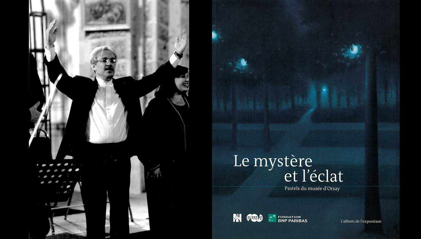 Left : Gabriel Garrido at a concert in the 1990s. Right : the cover of one of the publications produced as part of the operation "Museums and Monuments" at the Musée d'Orsay in 2008. Archives and History BNP Paribas.