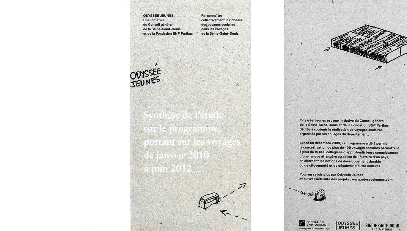 Coverage and fourth cover of the summary book of the operation Odyssée Jeunes between 2010 and 2012. Archives and History BNP Paribas.