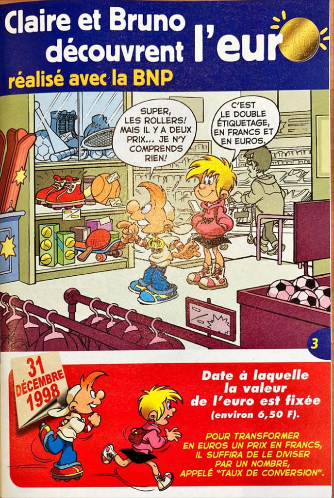 Comic strip Claire et Bruno découvrent l'Euro.