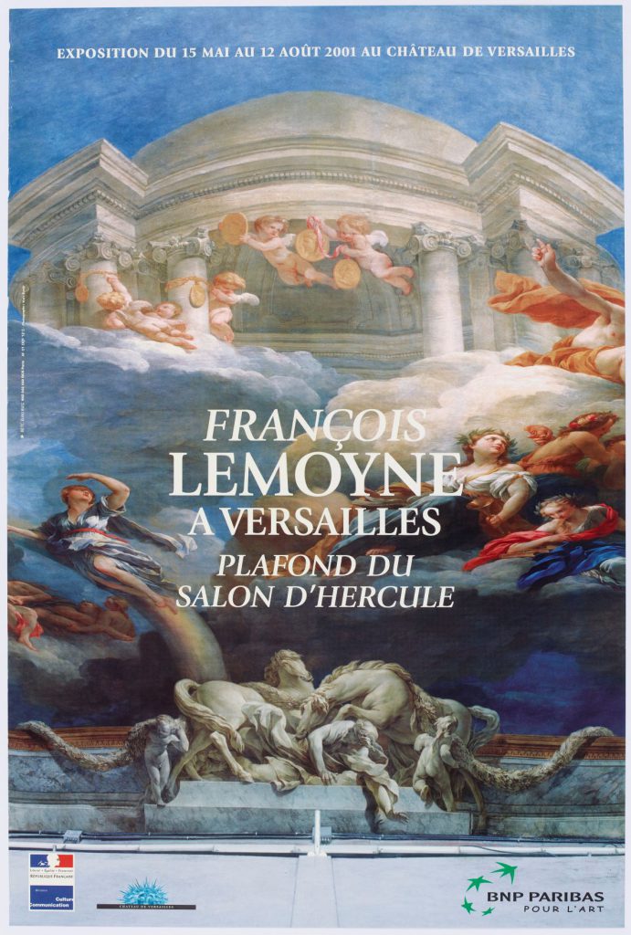 Poster inviting spectators to come and discover the restoration of the ceiling of the Salon d'Hercule. In the background, a detail of the ceiling is presented.