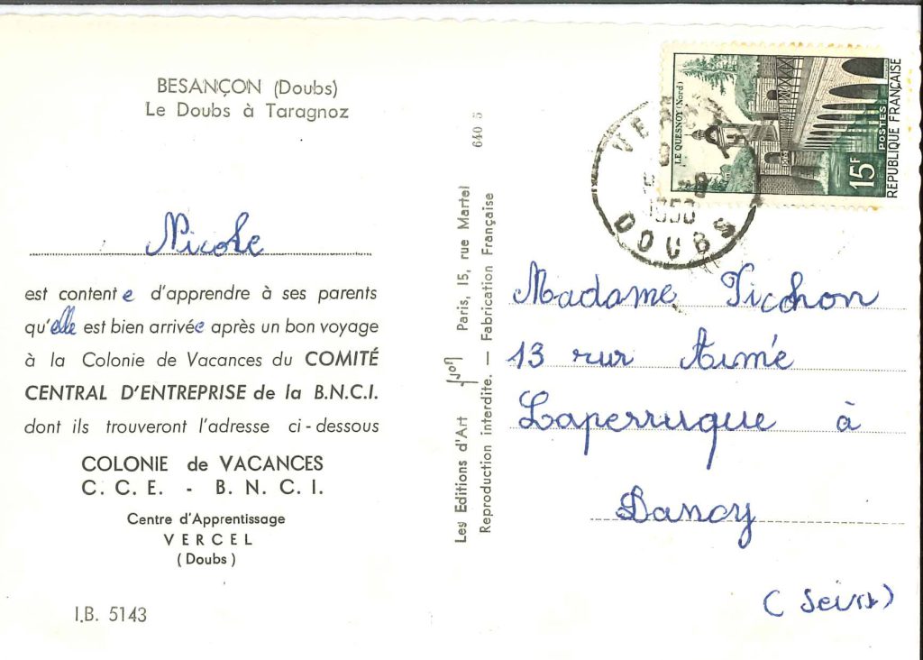Postcard sent from Vercel-Villedieu-le-Camp to Drancy by Nicole Fichon, 1950. BNP Paribas Historical Archives, 3Fi491-2
