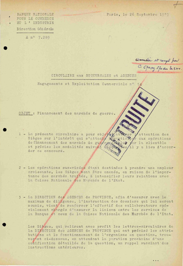 BNCI circular, 26 September 1939, BNP Paribas Historical Archives