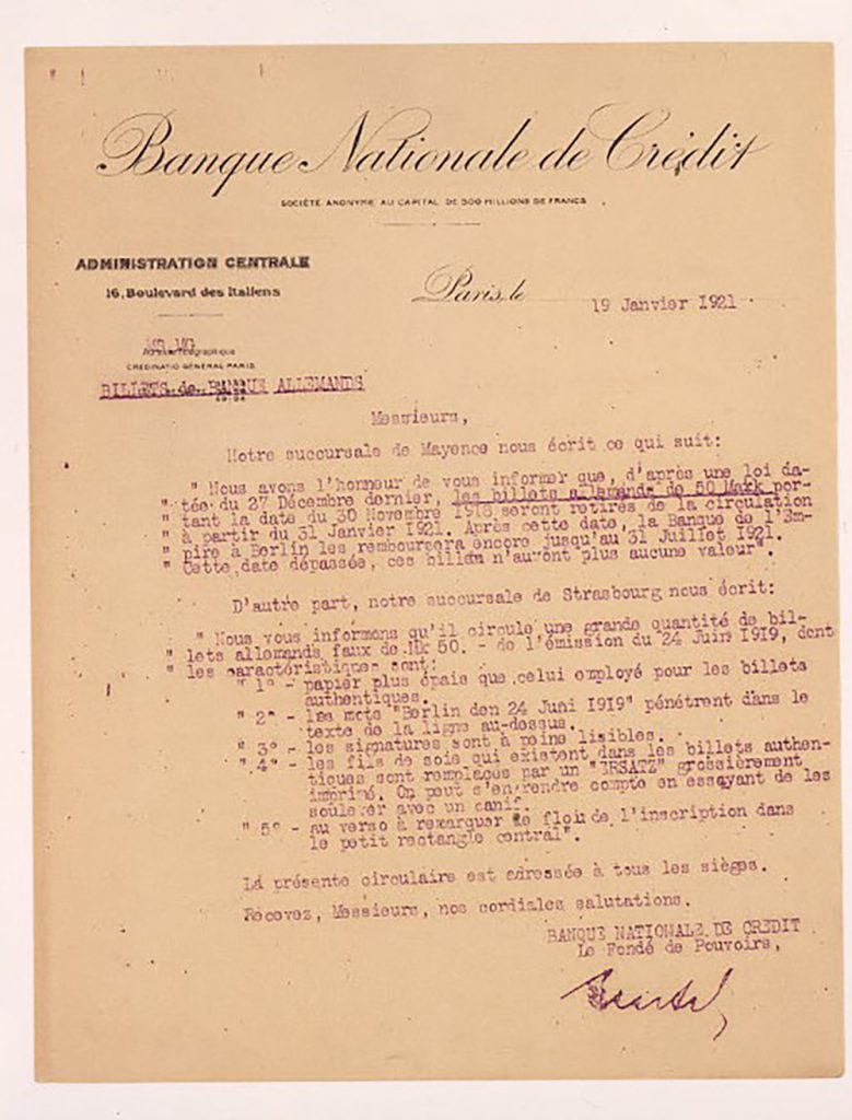 BNC mail addressed to all its headquarters in 1921 to warn of the circulation of counterfeit German banknotes