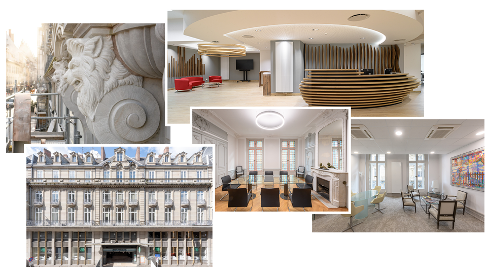 Three photographs showing the interior of the agency with one of the front faces and one of the last to zoom on the carved lions.