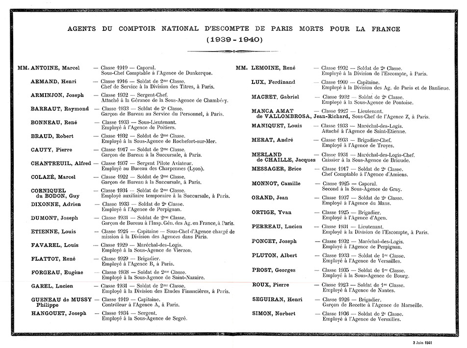 1941 list of CNEP agents killed for France