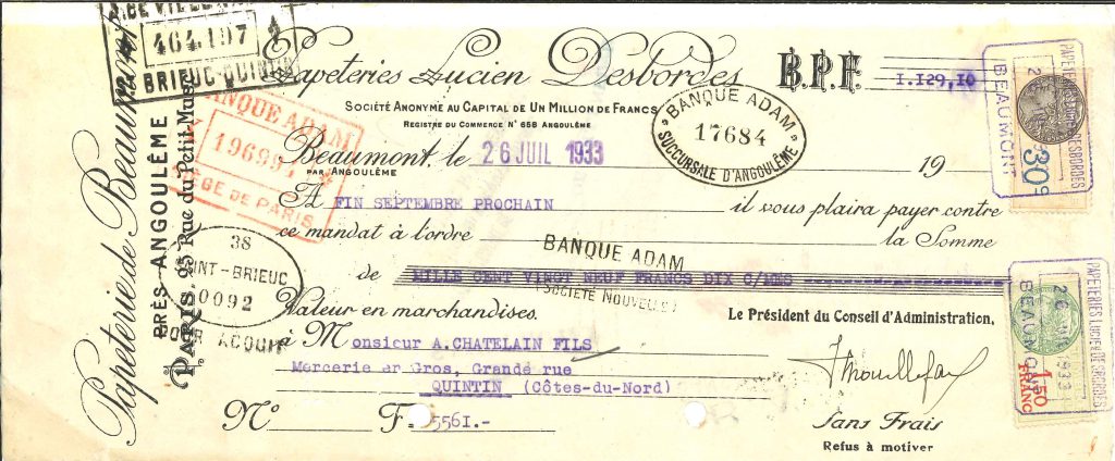 Chèque encaissé à la Banque Adam d'Angoulême, 1933